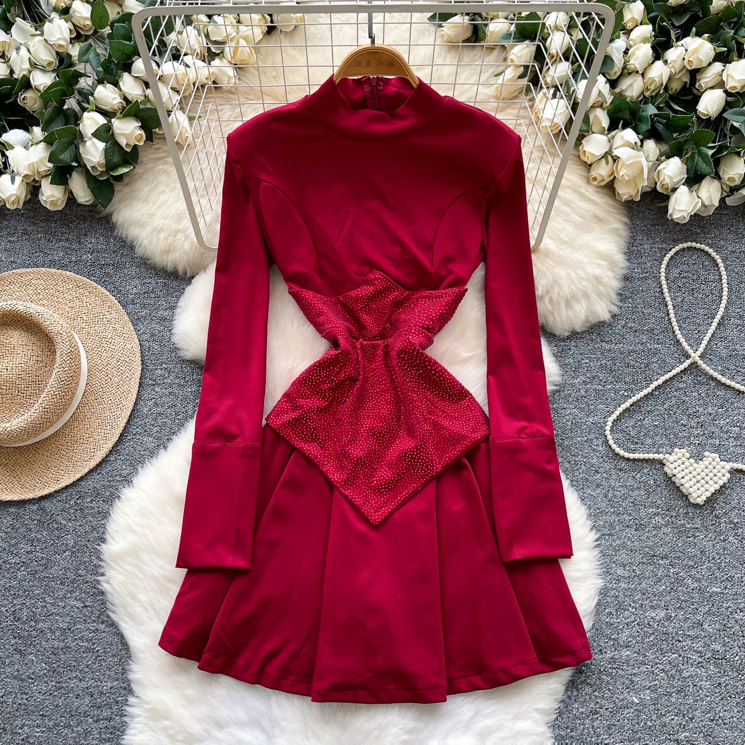 فستان أنيق أنيق بأكمام طويلة غير متماثل مقسم فساتين حفلات الموضة الكورية ملابس نسائية #1