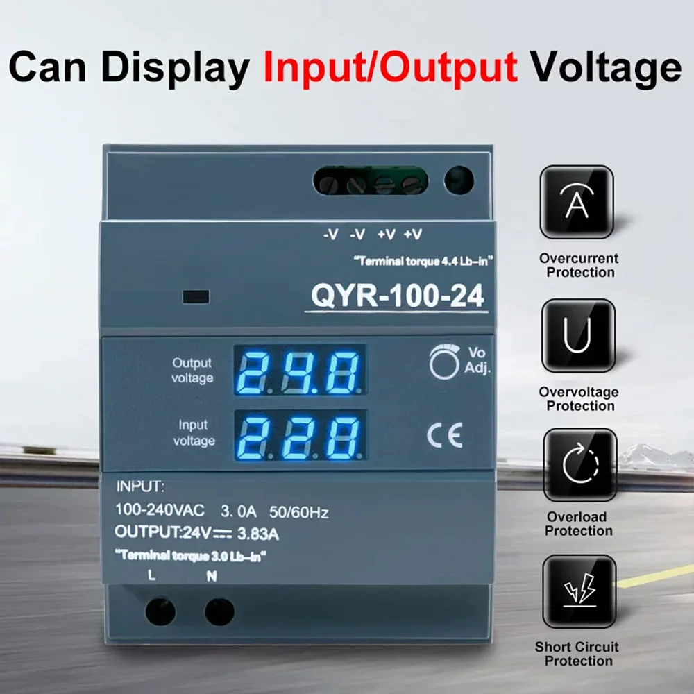 Cloweit New DIN Rail Switching Power Supply QYR-100W AC-DC 12V 24V With Digital Display Industrial for LED Light Strip