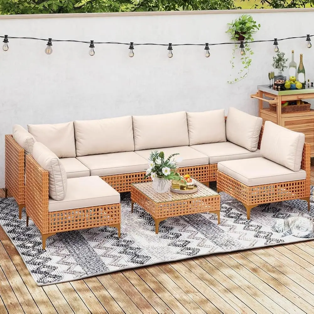 

7 Pieces Patio Furniture Set, Pe Rattan Wicker Patio Conversation Set For Patio Backyard Poolside Porch, Outdoor Sectional Sofa