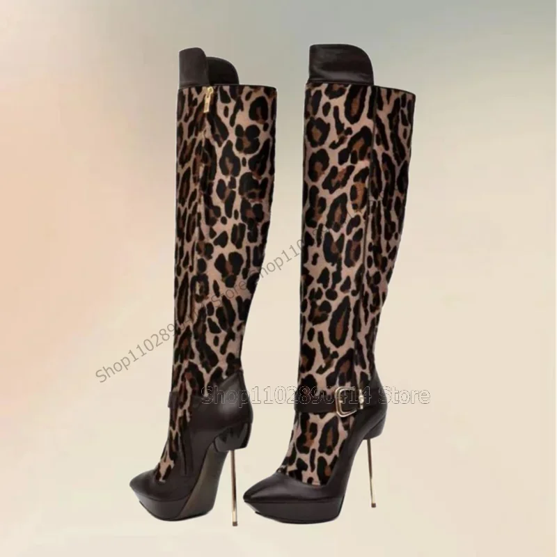 

Leopard Print Buckle Decor Metal Heel Platform Boots Side Zipper Women Shoes Thin High Heels Sexy Novel 2023 Zapatos Para Mujere