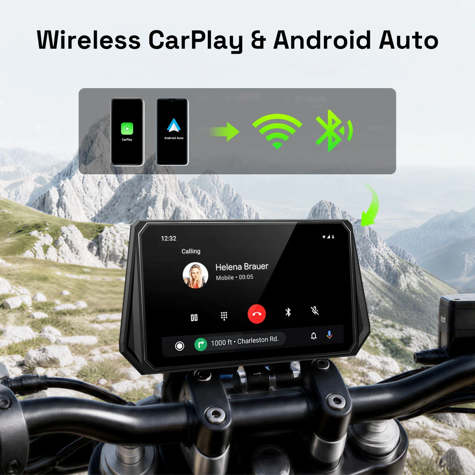 Aoocci D6A Blind Spot Safety System with 2K Dual Dashcam & Wireless CarPlay Motorcycle Smart Display GPS Navigation Android Auto