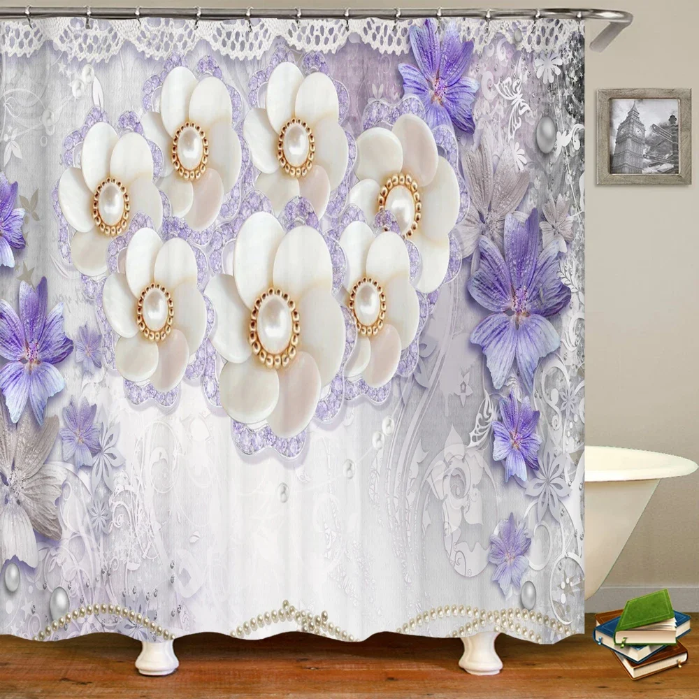 3D European Beautiful Flower Printing Bathroom Curtain Waterproof Polyester Shower Curtain Home Decoration Curtain with Hooks