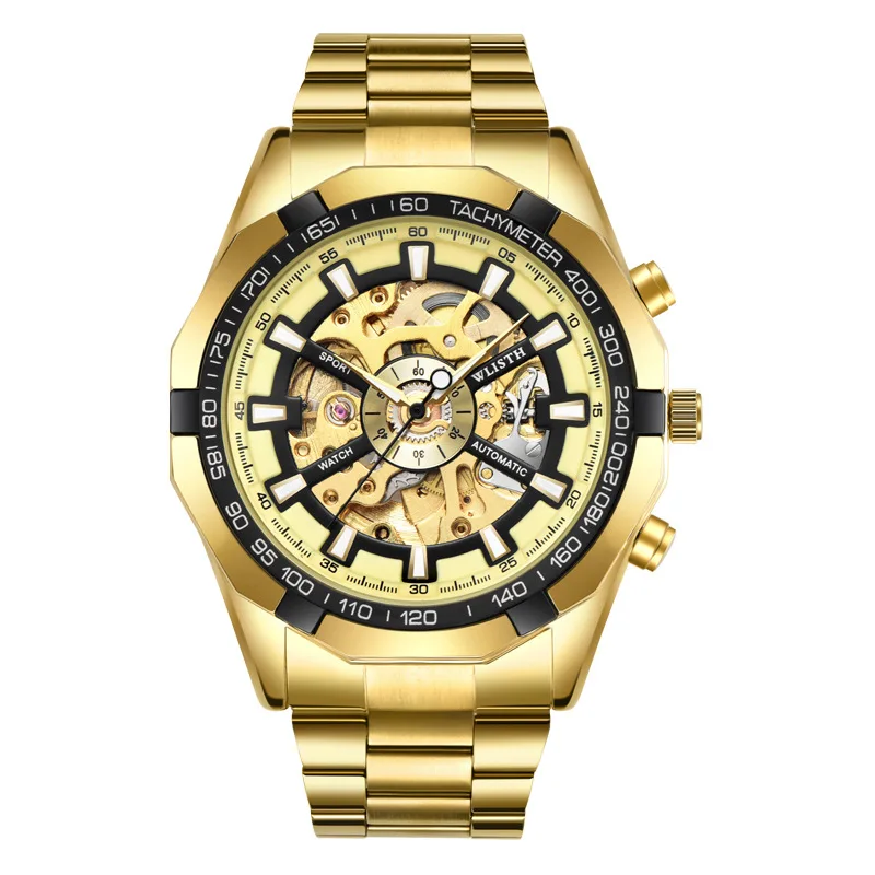 Full Gold Skeleton Mechanical Watches for Men Fashion Irregular Automatic Watch Luxury Brand Stainless Steel Strap 2024