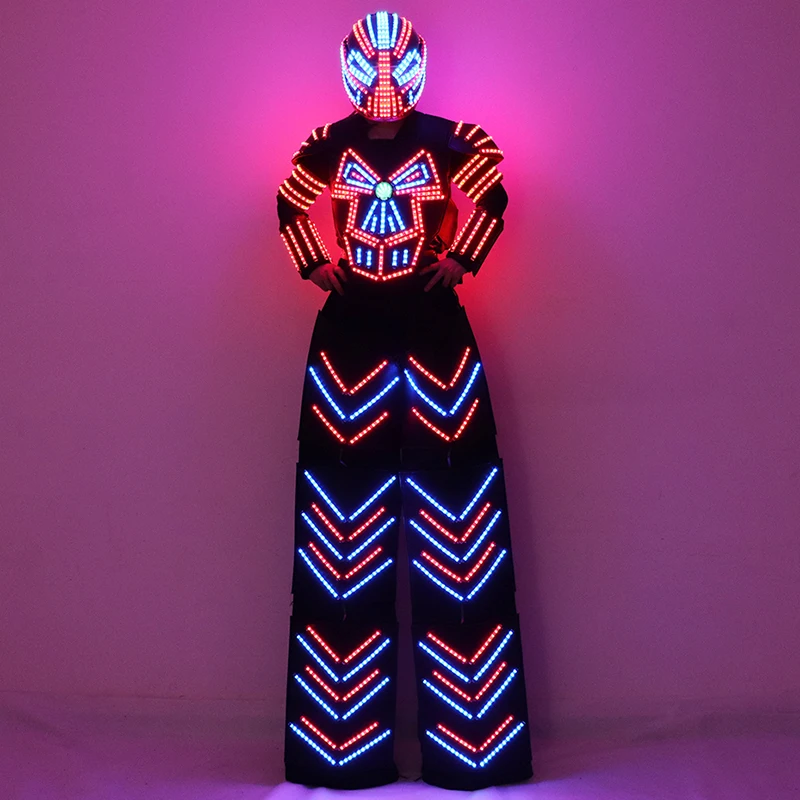 Stilts Walker LED Robot Suit Kryoman David Robot Costume LED Dancer Clothing Helmet Laser Gloves CO2 Jet Machine