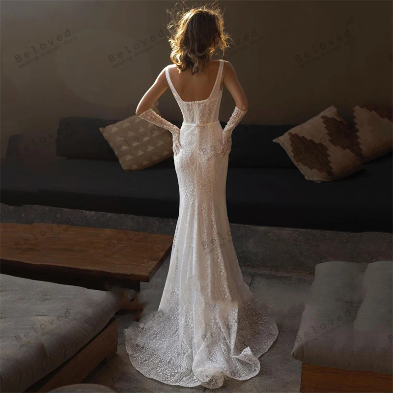 Modern Wedding Dresses Square Collar Bridal Gowns Spaghetti Straps Backless Robes Lace Appliques Robes Vintage Vestidos De Novia