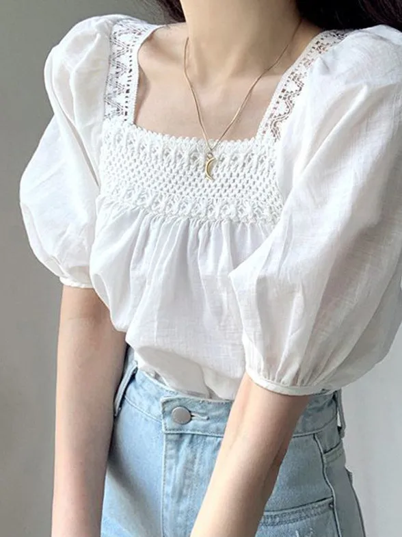 

Square Collar Short Sleeve Hollow out Bubble Sleeve Chiffon Shirt Women's Fashion Summer High Waist Doll Top French Style Loo...