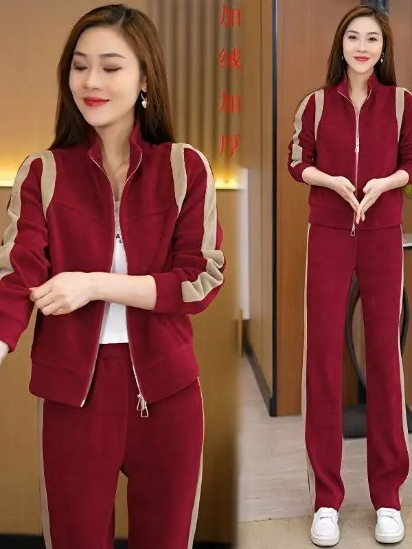 

Faionable Ladies' Fce-Lined Loose Sweatirt And Pants Sportswear Set in Korean Sle High Waist Long Pants Autumn Winter