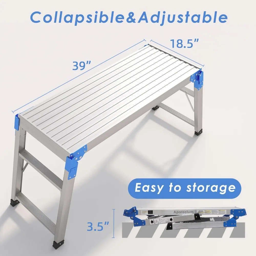 Work Platform Height Adjustable, Portable Step Stool Ladder, Folding Aluminum Step Ladder, Type 1A, Heavy Duty 330 Lbs Rated