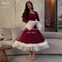 Qanz Dubai Short Crepe Evening Dresses with Ruffles A-Line Long Sleeves Tea Length Wedding Guest Dress for Women Customized