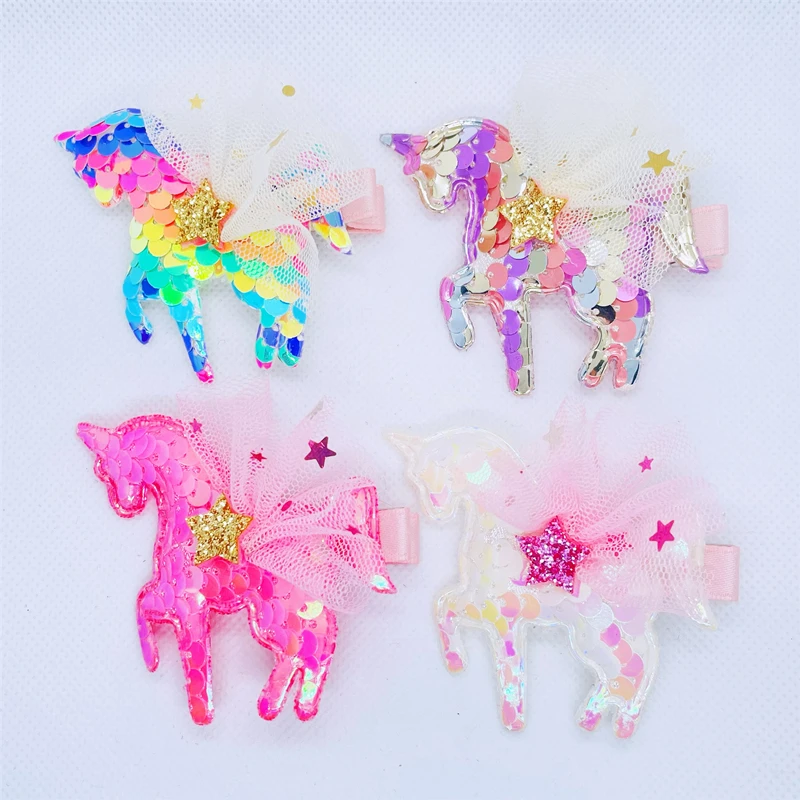 Boutique 20pcs Fashion Cute Sequin Unicorn Hairpins Glitter Star Mesh Floral Horse Hair Clips Princess Headwear Hair Accessories