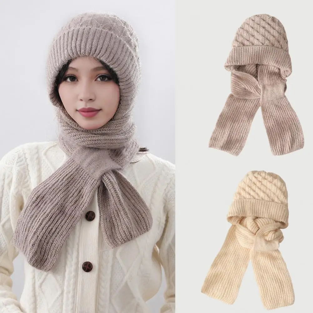 Elastic Velvet Hat Winter Hat Scarf Combo for Women Knitted Windproof Cycling Cap with Full Thick Warm High