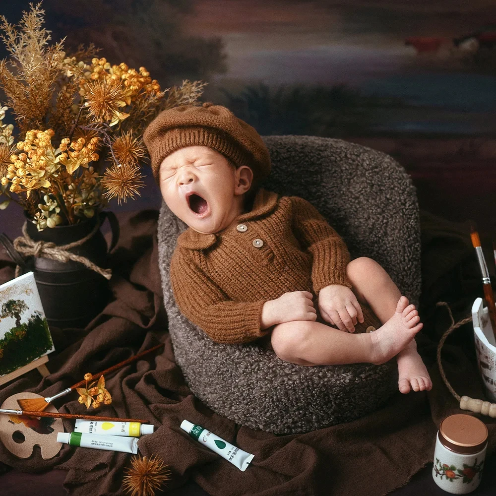 Newborn Photography Props Oil Painting Style Baby Jumpsuit + Beret 2pcs/set Painting Board Prop Studio Kid Photo Accessories