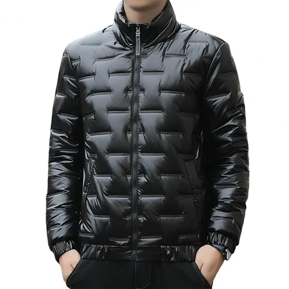 Versatile Cotton Jacket Men's Winter Cotton Puffer Jacket with Stand Collar Zipper Placket Windproof Quilted Outwear