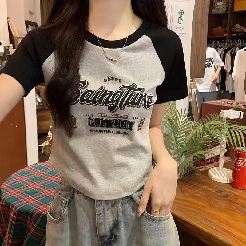 

Straight Shoulder T-shirt Women's Short Sleeve Summer Niche Retro American Hot Girl Top Short Slim Fit y2k top t shirt