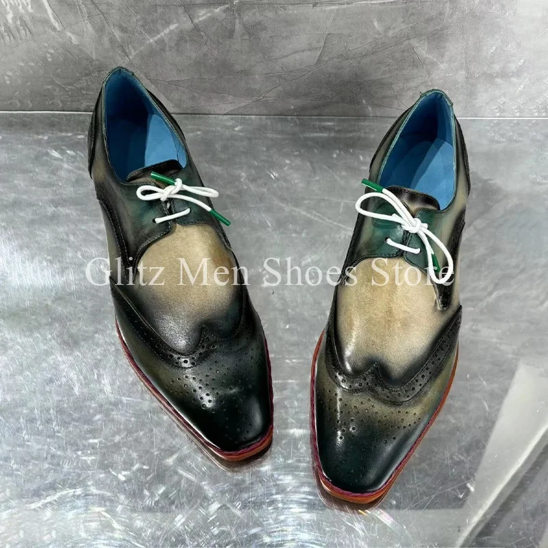 Mixed Color Totem Printed Genuine Leather Men’s Shoes Pointed Head Slip On Daily Dress Shoes For Party Vintage Fashion Loafers