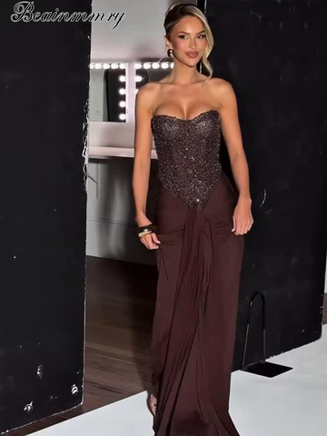 Chic Sequins Lace Up Dress Women Cinched Waist Strapless Patchwork Pleated Sleeveless Maxi Gowns 2025 Summer Evening Party Robe