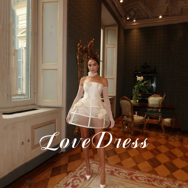 Modern Ivory Mini Satin Wedding Dresses Sexy Strapless Sleeveless Pleat 3D Flowers Illusion Ball Gowns Backless Short Customized