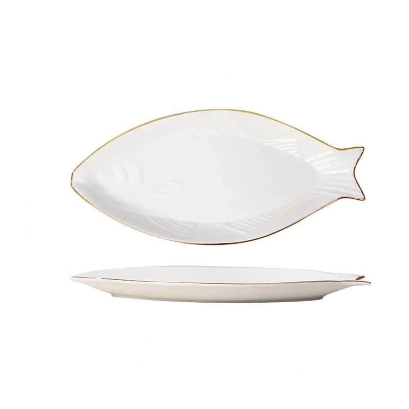 Steamed Fish Restaurant Home Kitchen Tableware Porcelain Fish Plates with Gold-rimmed Creative Fish-shaped Dinner Charger Plate