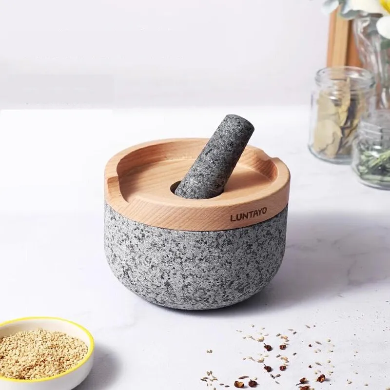 Pestle and Mortar Set Premium Solid Granite Stone Grinder Non Slip Base 16cm For Make Crushing and Mashing Herb Spices Guacamole