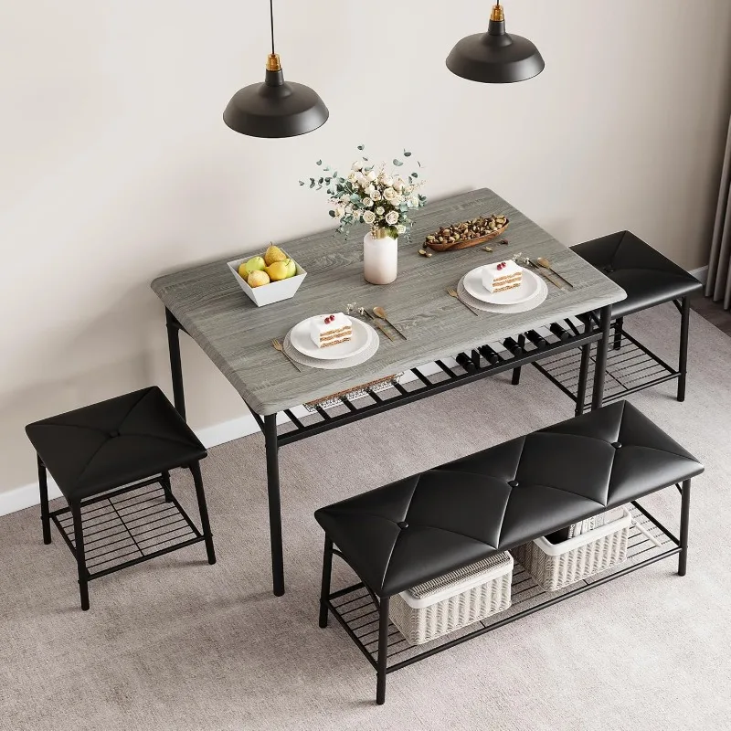 Dining Table with Benches, Bench and Square Stools, Metal and Wood Dining Table Set for 4 with Storage for Small Space-Grey