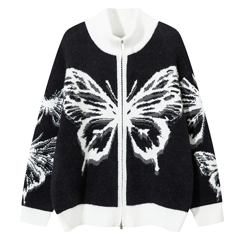 

Men's Clothing Zip-up Collared Zipper Cardigan Butterfly Print Knit Sweater Male Plain Black Solid Color Korean Style Classic