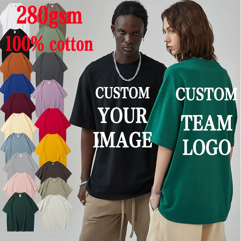 Free LOGO Heavyweight 280gsm Shoulder Drop Custom Imamge T-Shirt Summer  Short Sleeve Male And Female Top Team Customization