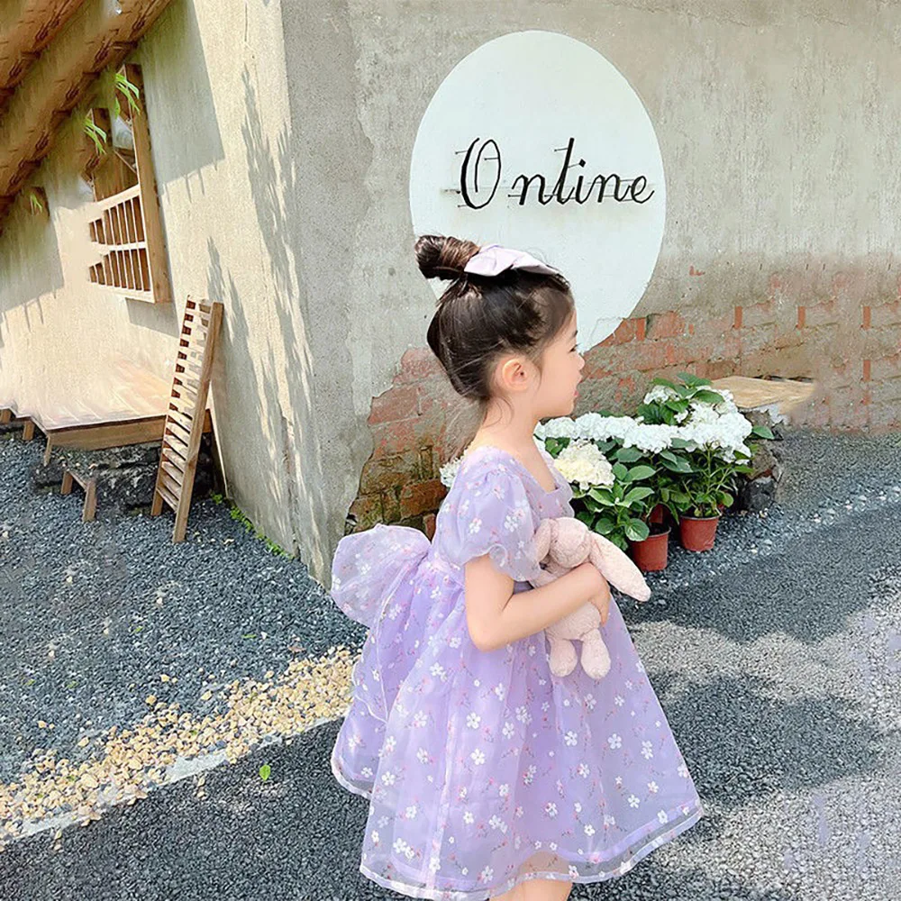 Summer Floral Tulle Kids Girls Dress 2022 New Sweet Puff Sleeve Square Collar Gauze Princess Dresses Girl Ball Gown for Party