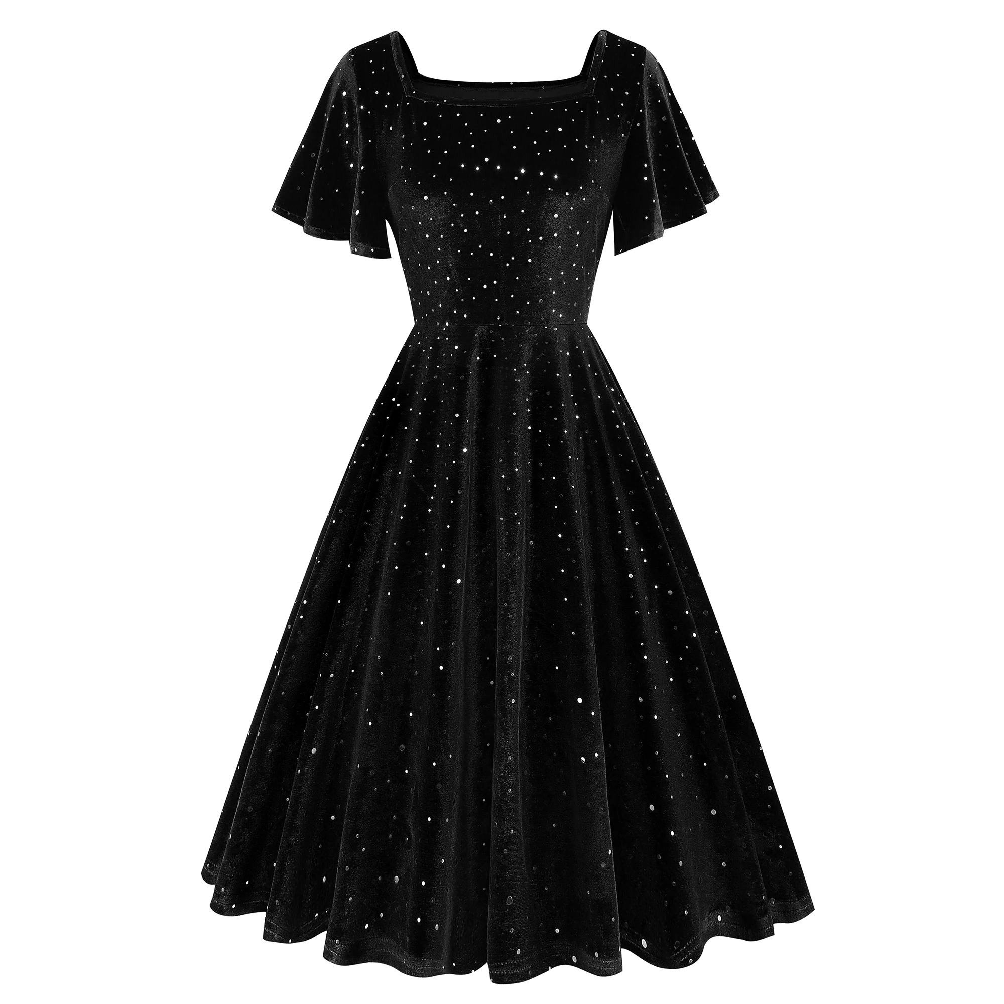 

Woman Clothes Slim Casual Solid Square Collar Flare Sleeve Velvet Evening party Elegant dresses