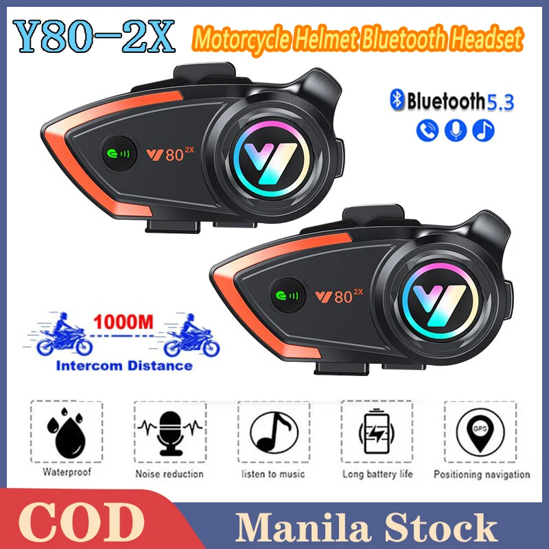 

Y80 2X Motorcycle Bluetooth 5.3 Helmet Intercom Headset Hands Free Call Wireless Waterproof 1000mAh Noise Reduction Earphones