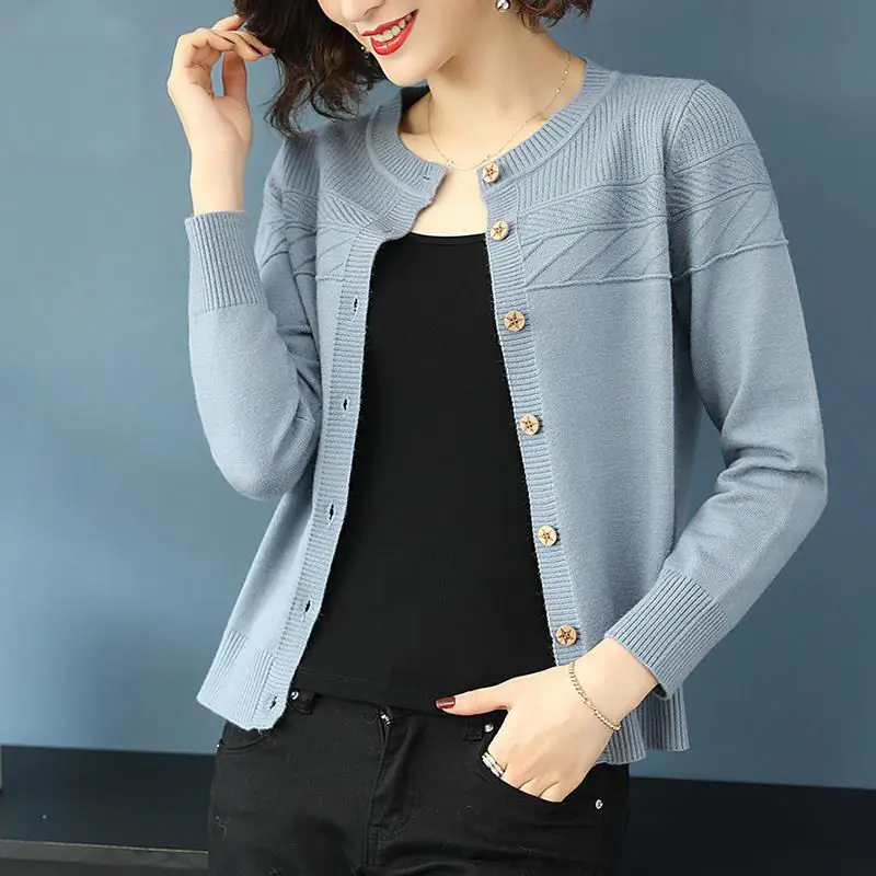 Autumn 2023 New Korean Loose Round Neck Long Sleeve Knitted Cardigan Button Sigle Breasted Office Lady Leisure Casual Sweater