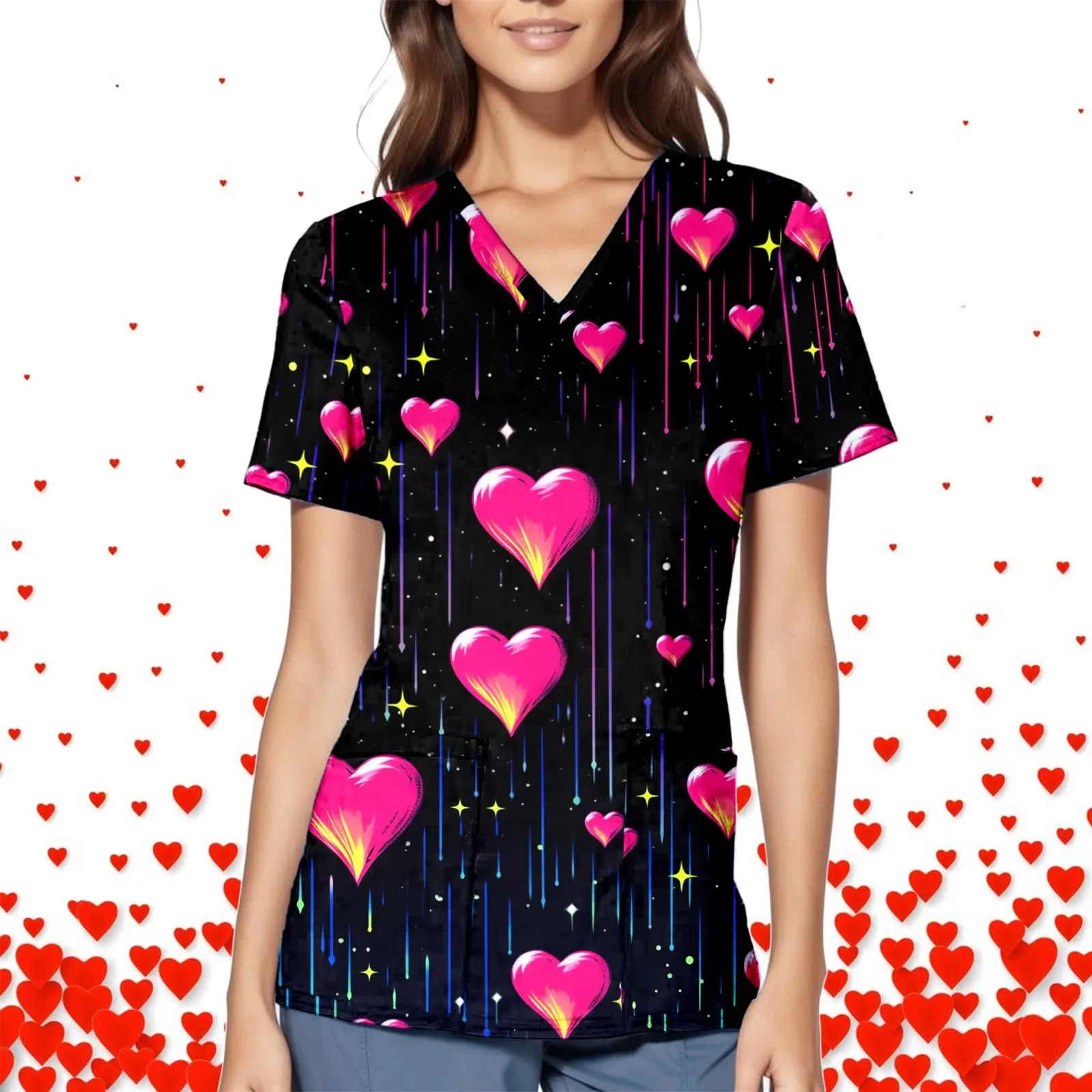 Valentine\'s Day Tunic Scrub Tops Women Print Nurses Uniform Overalls Pocket Shirt Nursing Medical Healthcare Scrubs Nurse Tops