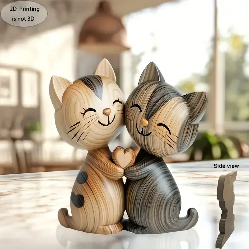 2D Flat Cat Wooden Kitten Dog Couple Sculpture Rabbit Enthusiast Gift Light and Dark Wood Grain Desktop Home Decoration New
