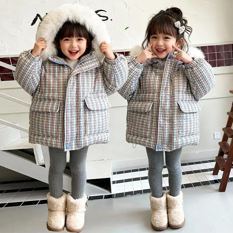 

Kawaii Casual Coat Tops Fashion Children S Clothing Girls Boys Winter 2025 New Hooded Padded Jacket Plaid Casual Warm Outerwear