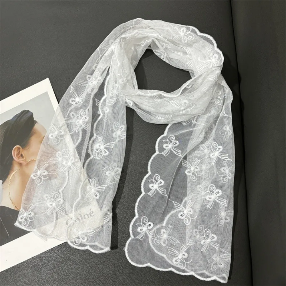 

Retro Embroidered Flower Lace Scarf Breathable Mesh Long Female Headscarf Lightweight Silk Scarf Summer