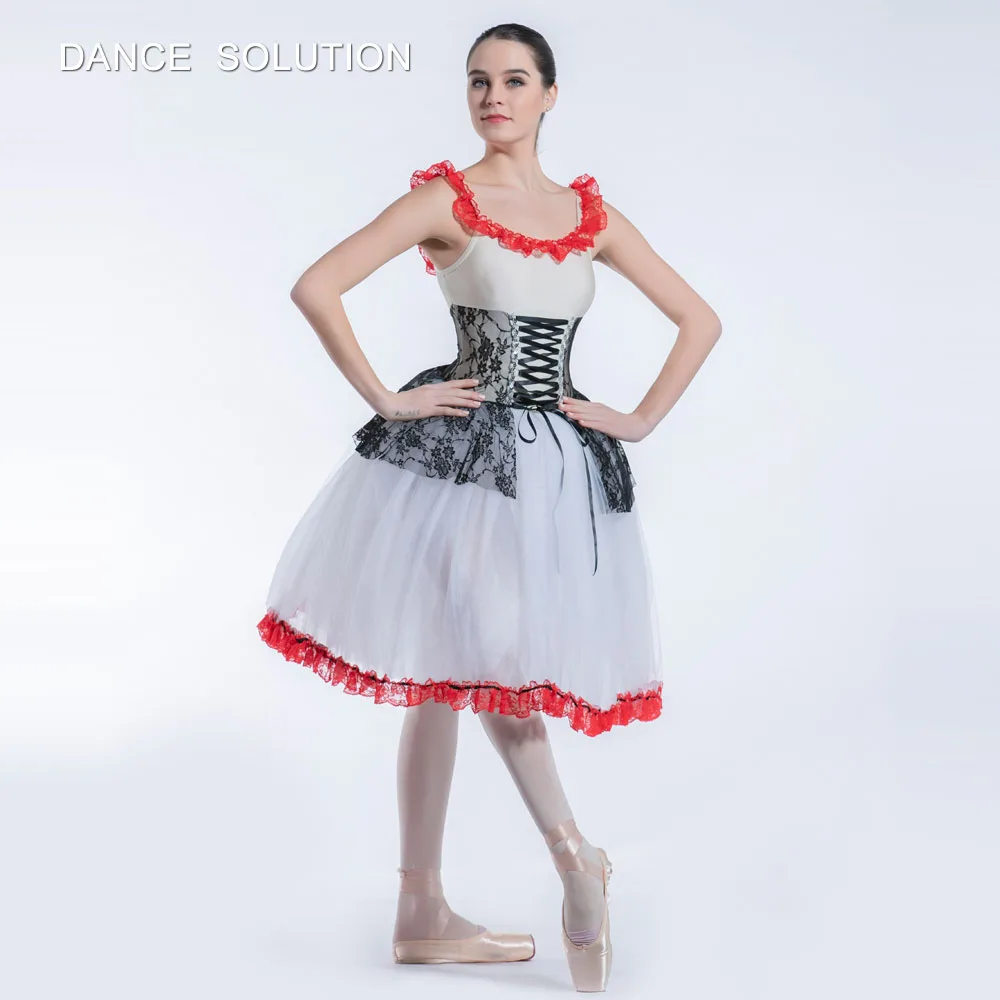 

Ivory Spandex Bodice with Black Lace Off-shoulder Ballet Tutu Dress for Girls & Women Ballerina Performance Costumes 19229