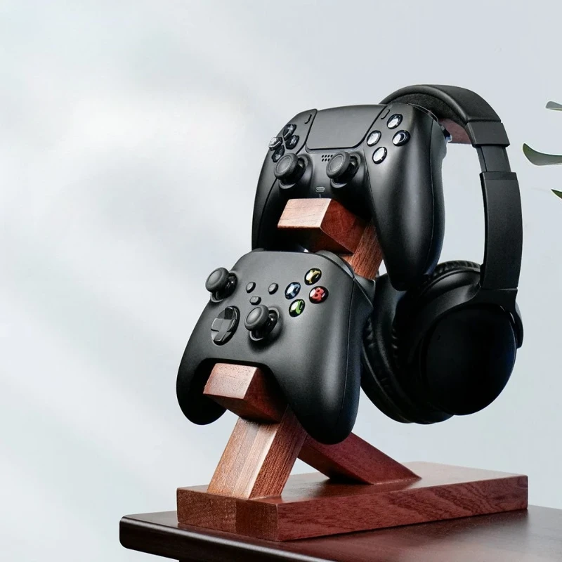 3-Tier Wooden Game Controller Stand for PS5/Xbox Durable Headset Holder Accessories Rack with Hook Storage Organizer