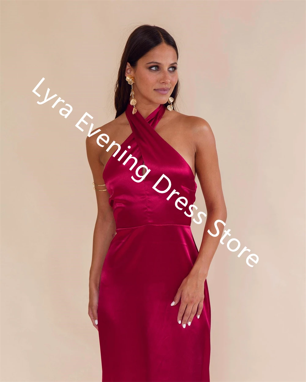 Personalizado de luxo vermelho cetim vestido de noite halter sem mangas vestidos de celebridades temperamento ocasião especial vestidos abertos para trás