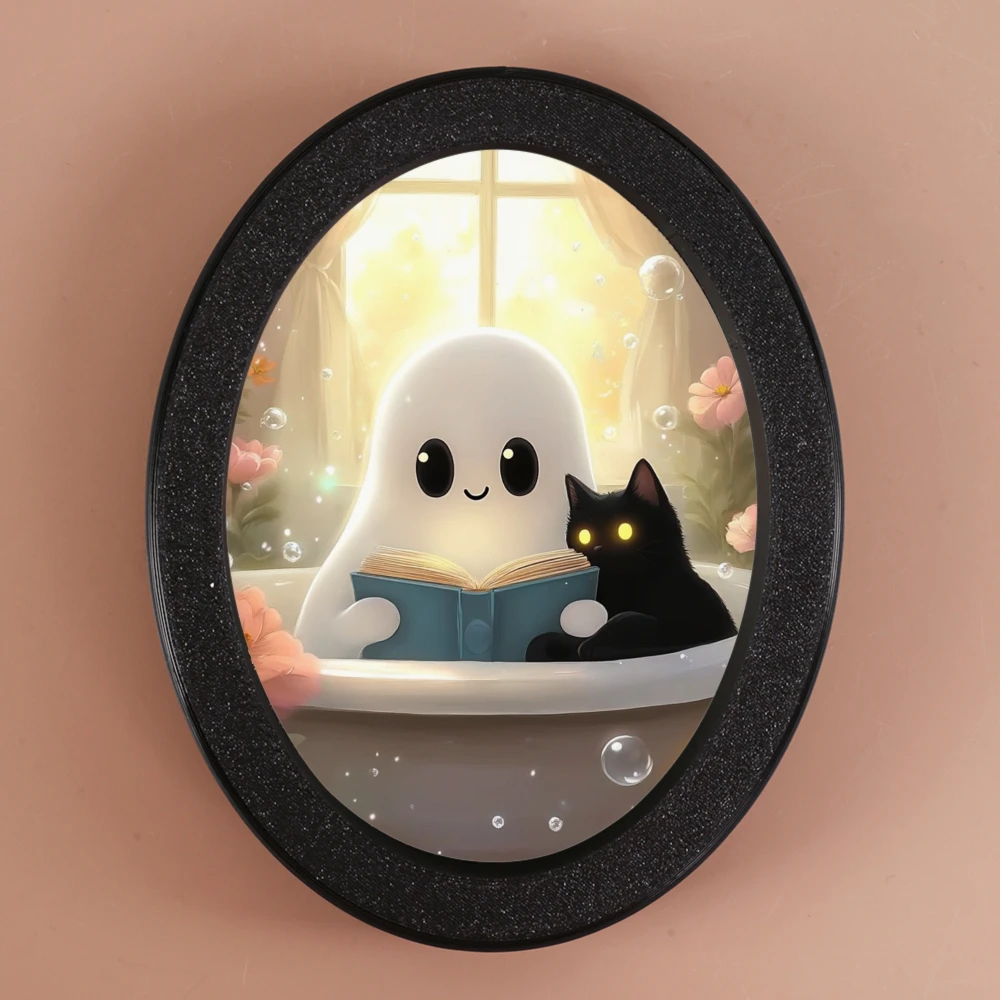 

Трансграничный овальный декоративный орнамент на Хэллоуин, призрачный и черный кот, читающий в сцене ванны, создающий тепло и исцеляющую атмосферу,