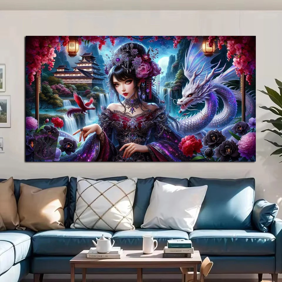 Waterfall landscape flowers- Psychedelic Animal Art anime girl and dragon 5D Diamond Painting Kit - DIY Full Round Embroidery