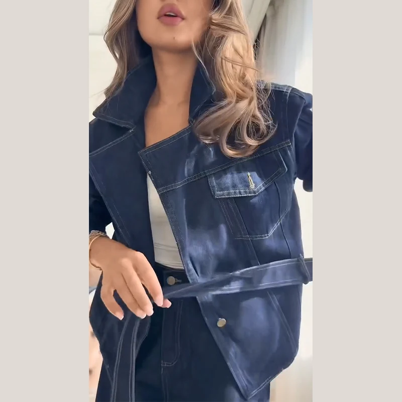 Revers-Taillenbetonende Schnür-Jeansjacken-Hosen-Sets für Damen, Street-Style, Langarm-Slim-Jacken, Weitbein-Hosen, Schicke Damen-Outfits – Detail 18