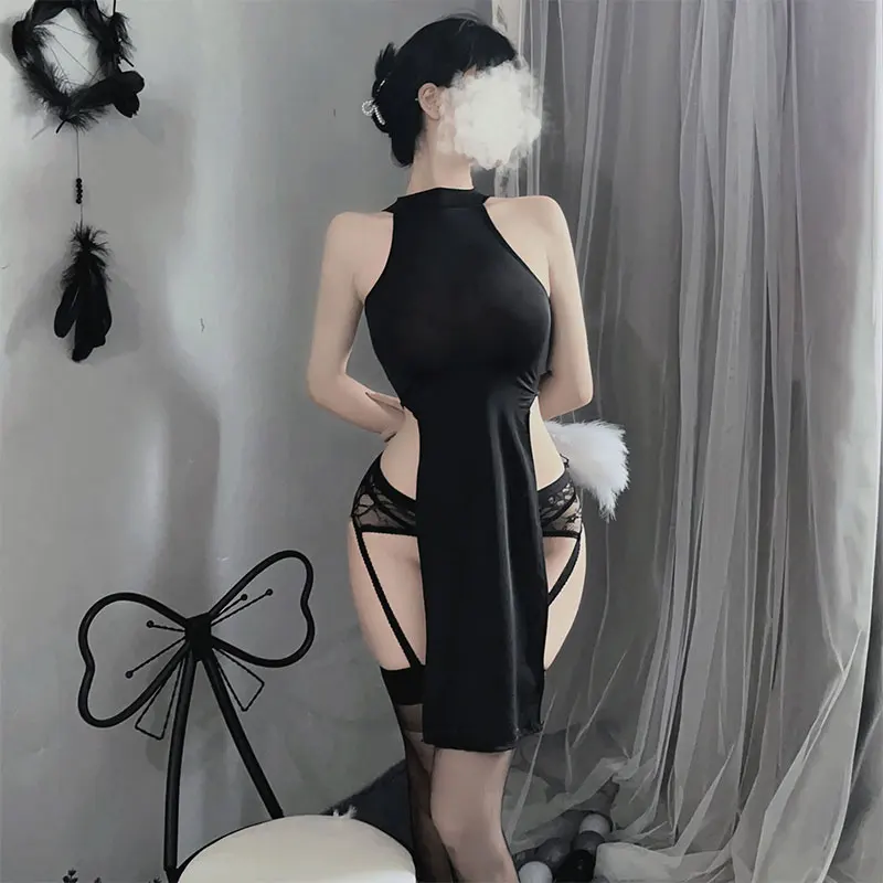 Disfraces sexuales para mujer, lencería Sexy, delantal francés, vestido de sirvienta, uniforme de Cosplay, juego de rol, vestido de encaje Babydoll de cuello alto para Halloween