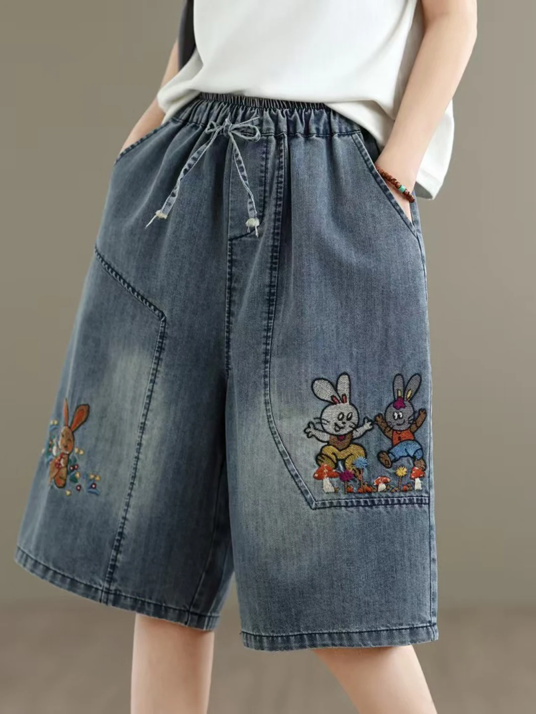

Summer Casual Loose Fit Soft Denim Wide Leg Pants Mid-Length Versatile plus Size Women's Jeans High Waist Embroidered Cotton ...