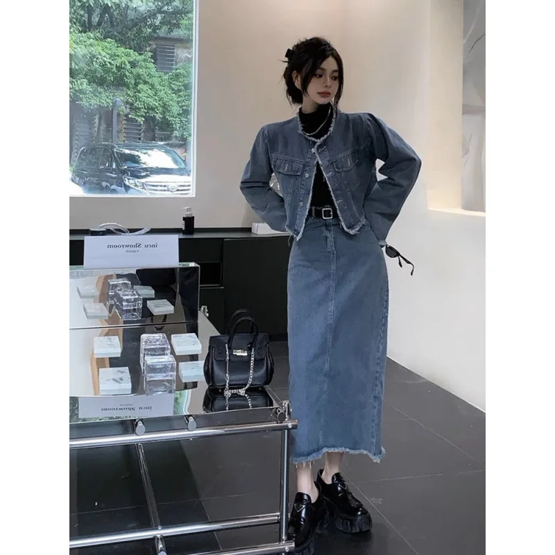 Autumn Women's Denim Skirt Suit Fashion Vintage Round Neck Single-breasted Denim Jacket Top Slim Split Skirt 2pcs Matching Set