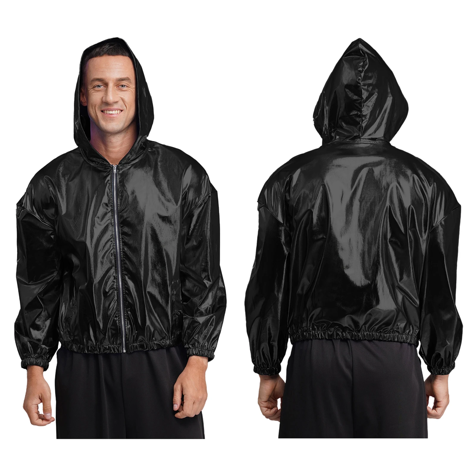 

Men Fashion Shiny Hooded Jacket Coats Long Sleeve Sparkly Metallic Zipper Loose Short Jacket Outerwear for Party Club Wear