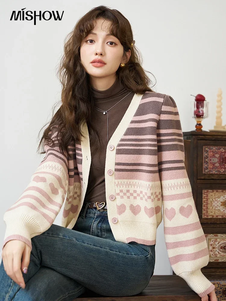 

MISHOW Contrast Sweater 2023 Autumn Striped Casual V-neck Single Breasted Sweet Slim Cardigans Senior Sense Knitted MXC45Z0141