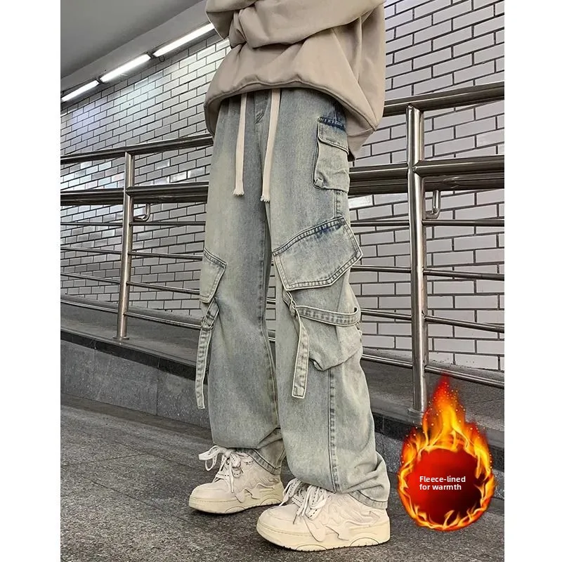 

American High Street Men's Winter Loose Straight Leg Fce Lined Workwear Denim Pants Multiple kets Wide Leg Casual Trousers