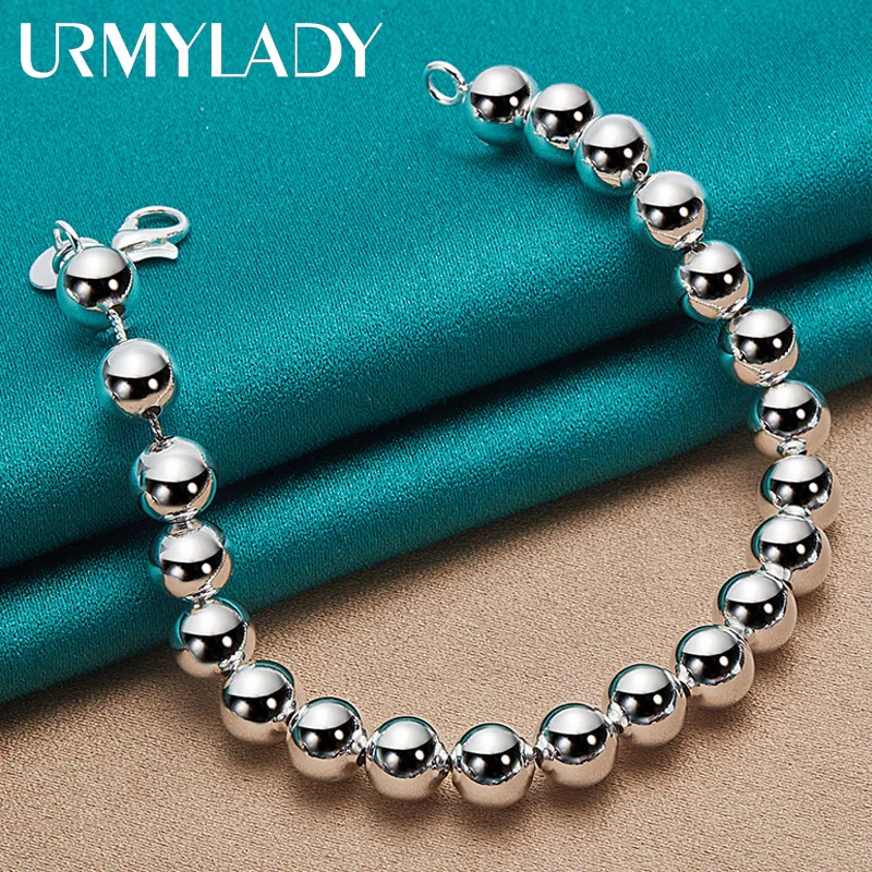 

URMYLADY 925 Sterling Silver 8mm Smooth Beaded Chain Bracelet For Women Wedding Party High Quality Fashion Charm Gifts Jewelry