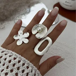 KMVEXO New Recommend Exaggerated Metal Flower Geometric Rings For Women Men Girls Fashion Gold Silver Color Knuckle Joint Ring