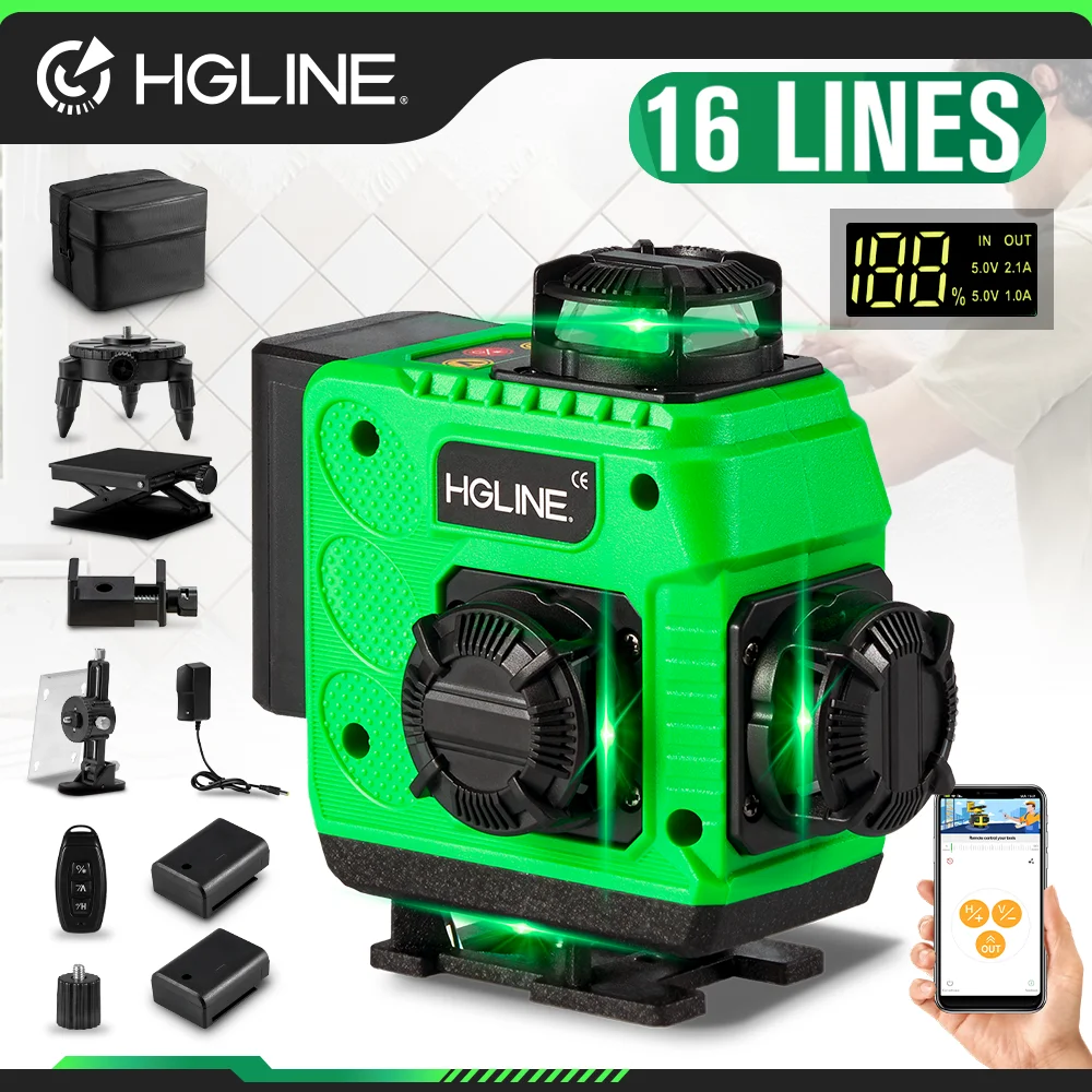 HGLINE 16 Lines Laser Level Green Line APP Remote Control Self-Leveling 360° Horizontal Laser Level With Charged Amount Display