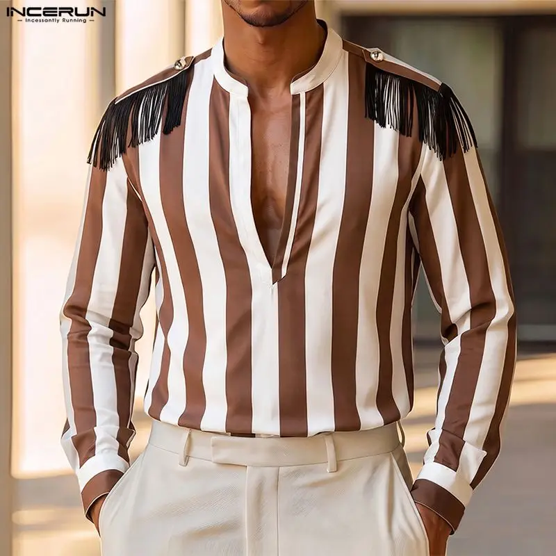 INCERUN Men's Shirt Tassel Striped Patchwork V Neck Long Sleeve Tops For Man Shirts Streetwear Fashion Casual Men Clothes Camisa